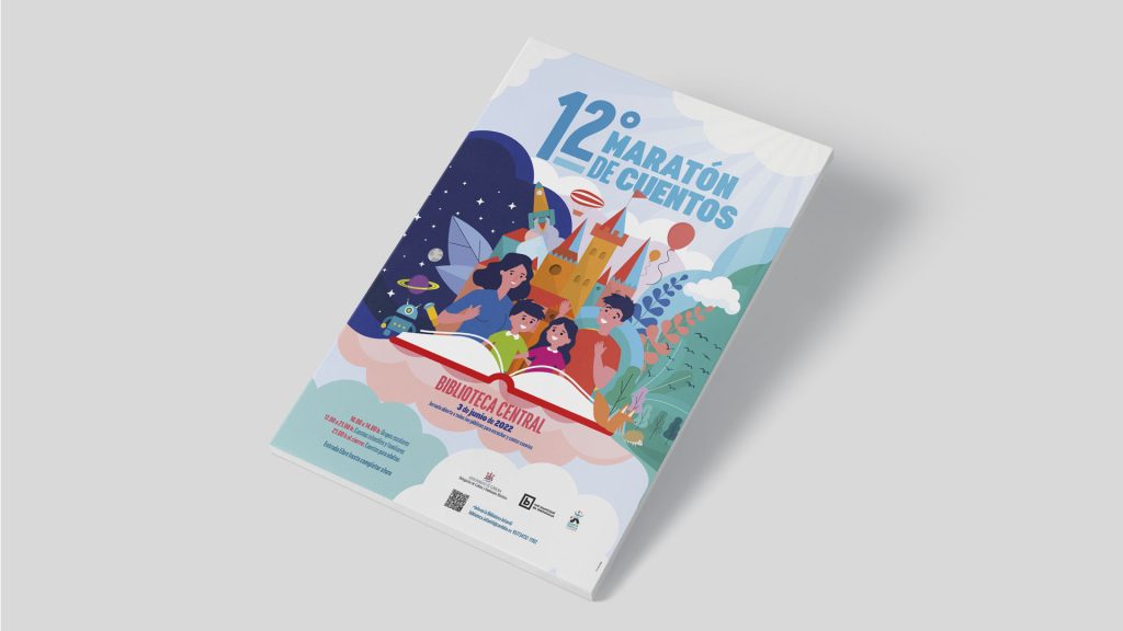 Cartel ilustrado del Maratón de Cuentos con personajes fantásticos y público familiar